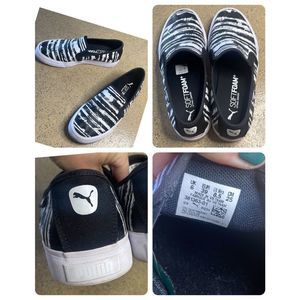 Puma Soft Foam Black & White Abstract Striped Canvas Slip On Sneakers sz 8.5